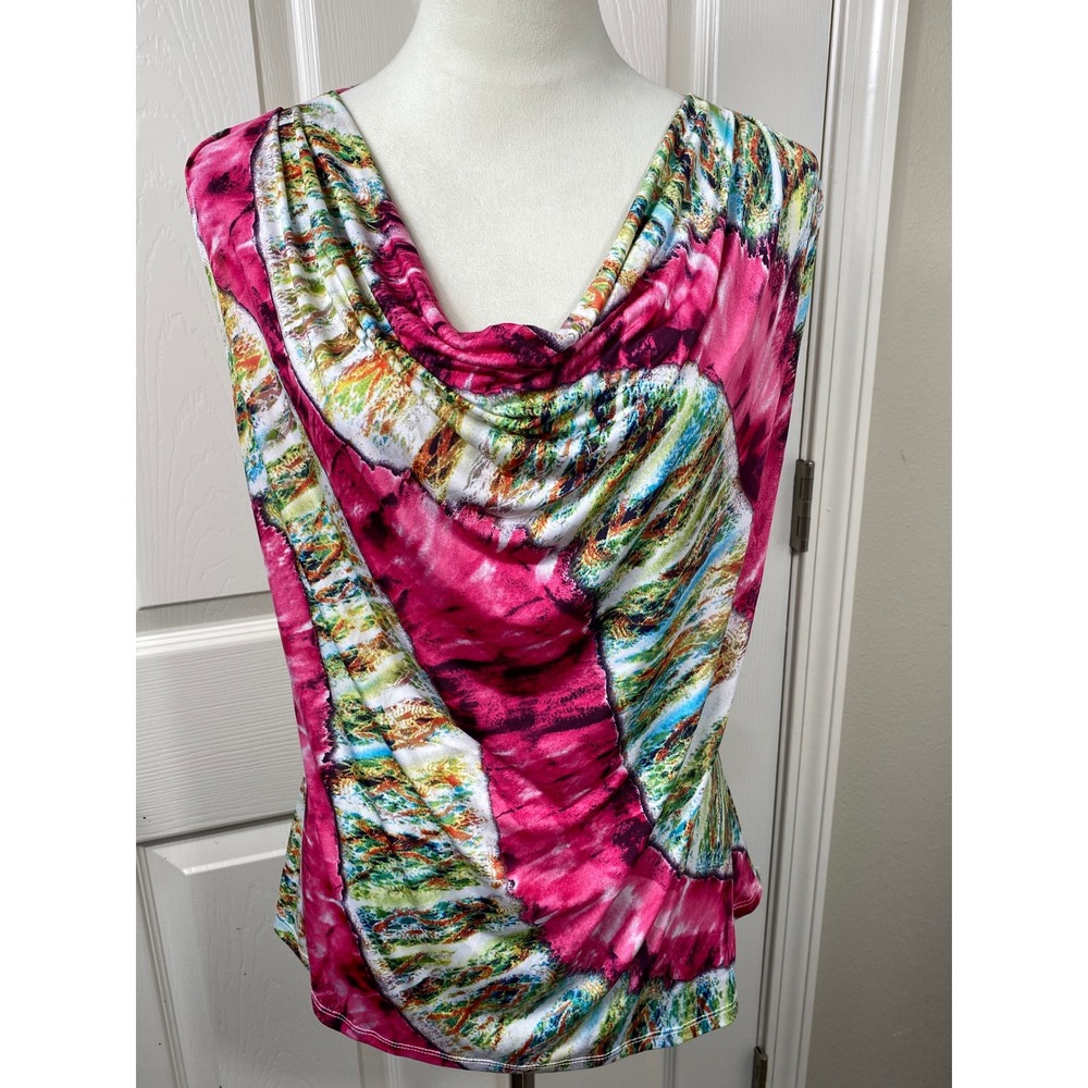 Jennie & Marlis‎ Cowl Neck Blouse Sleeveless Multicolor Print Boho FestivalSz Lg